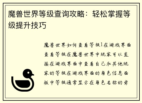 魔兽世界等级查询攻略：轻松掌握等级提升技巧